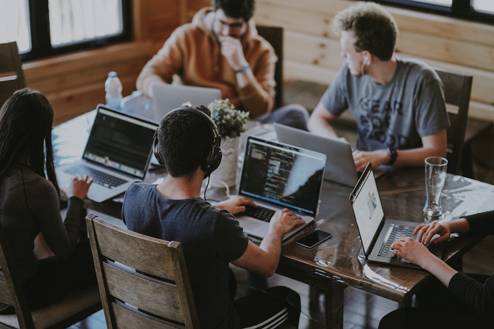Business team collaborating around a table on a project